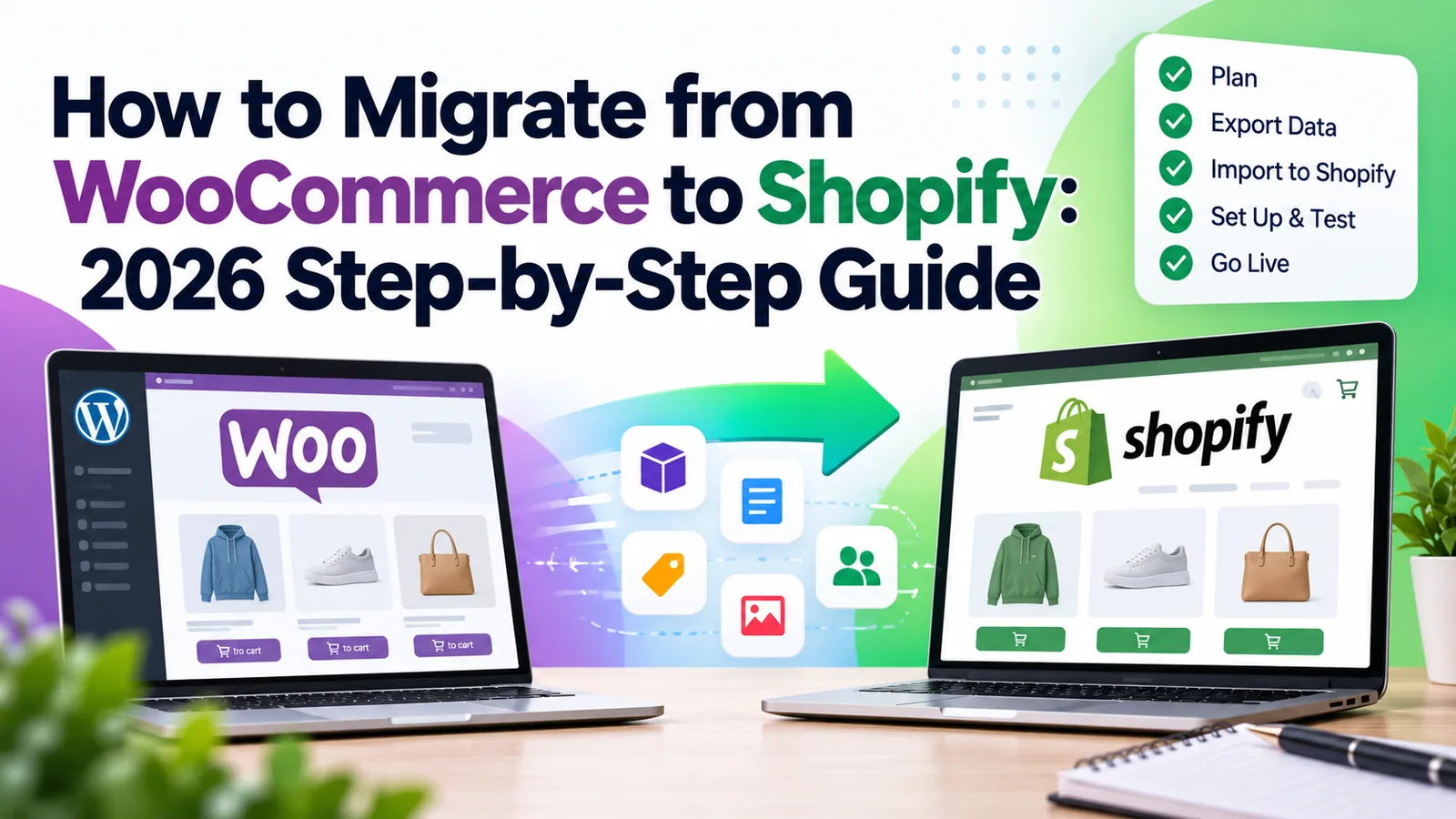 How to migrate from WooCommerce to Shopify: 2026 step-by-step guide, with products moving from a WooCommerce store to a Shopify store
