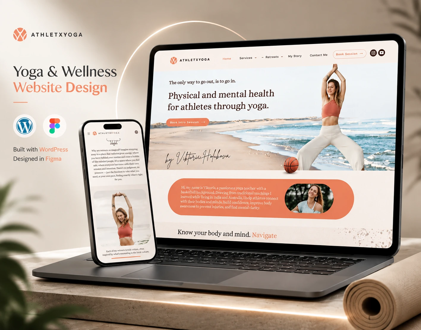AthletxYoga WordPress yoga and wellness website on a laptop and phone