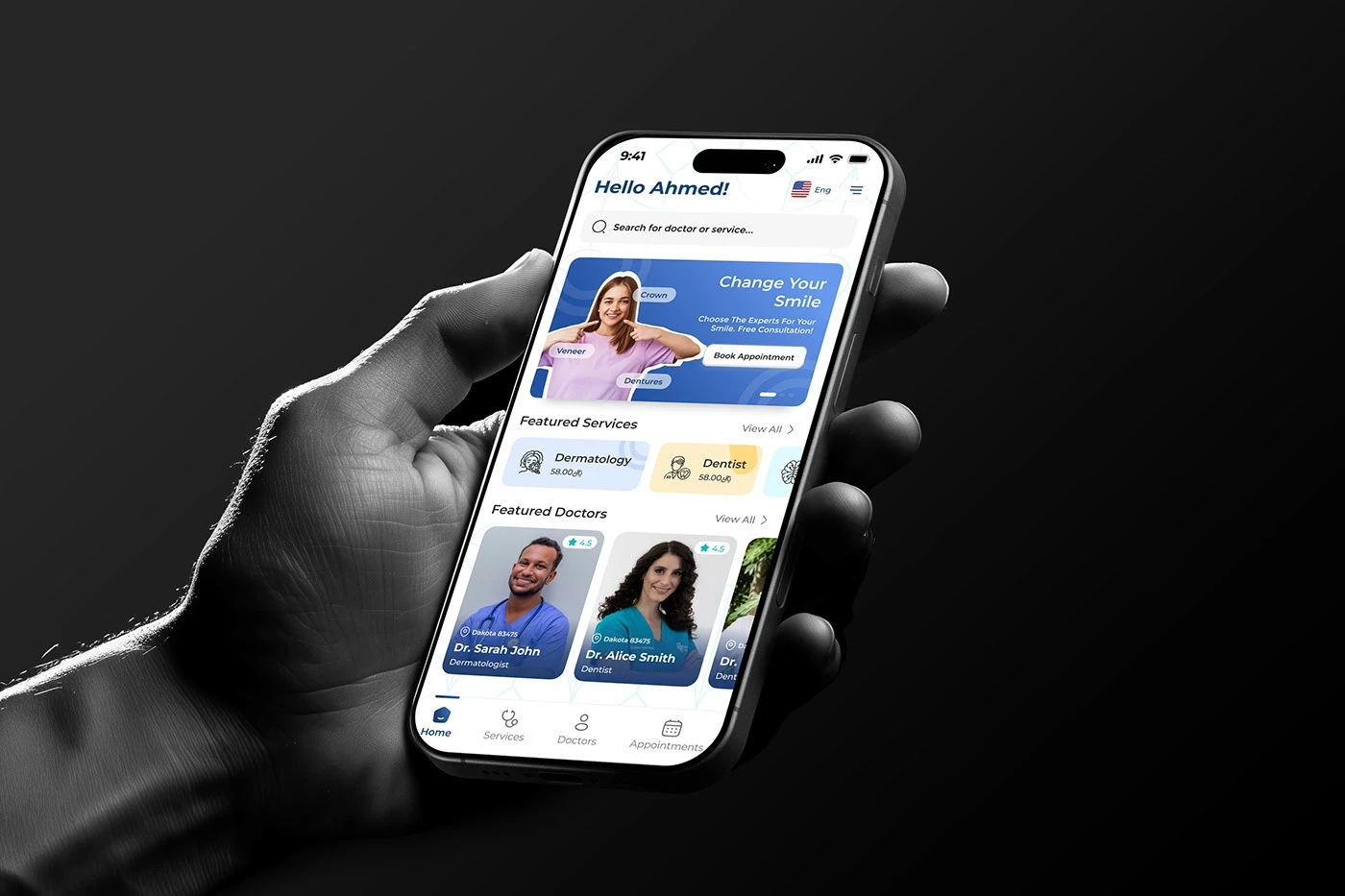 Healthcare mobile app UI/UX design shown on a phone