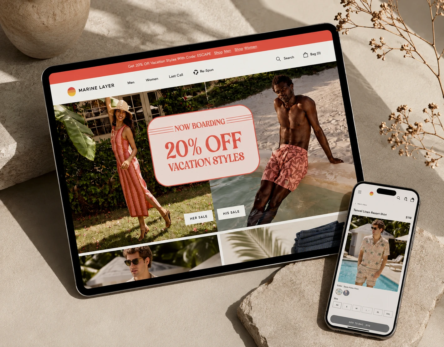 Marine Layer Shopify clothing store on a tablet and phone