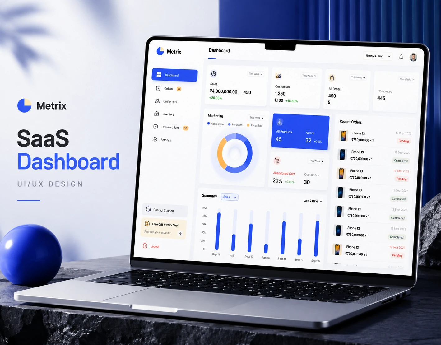 Metrix SaaS dashboard UI/UX design shown on a laptop
