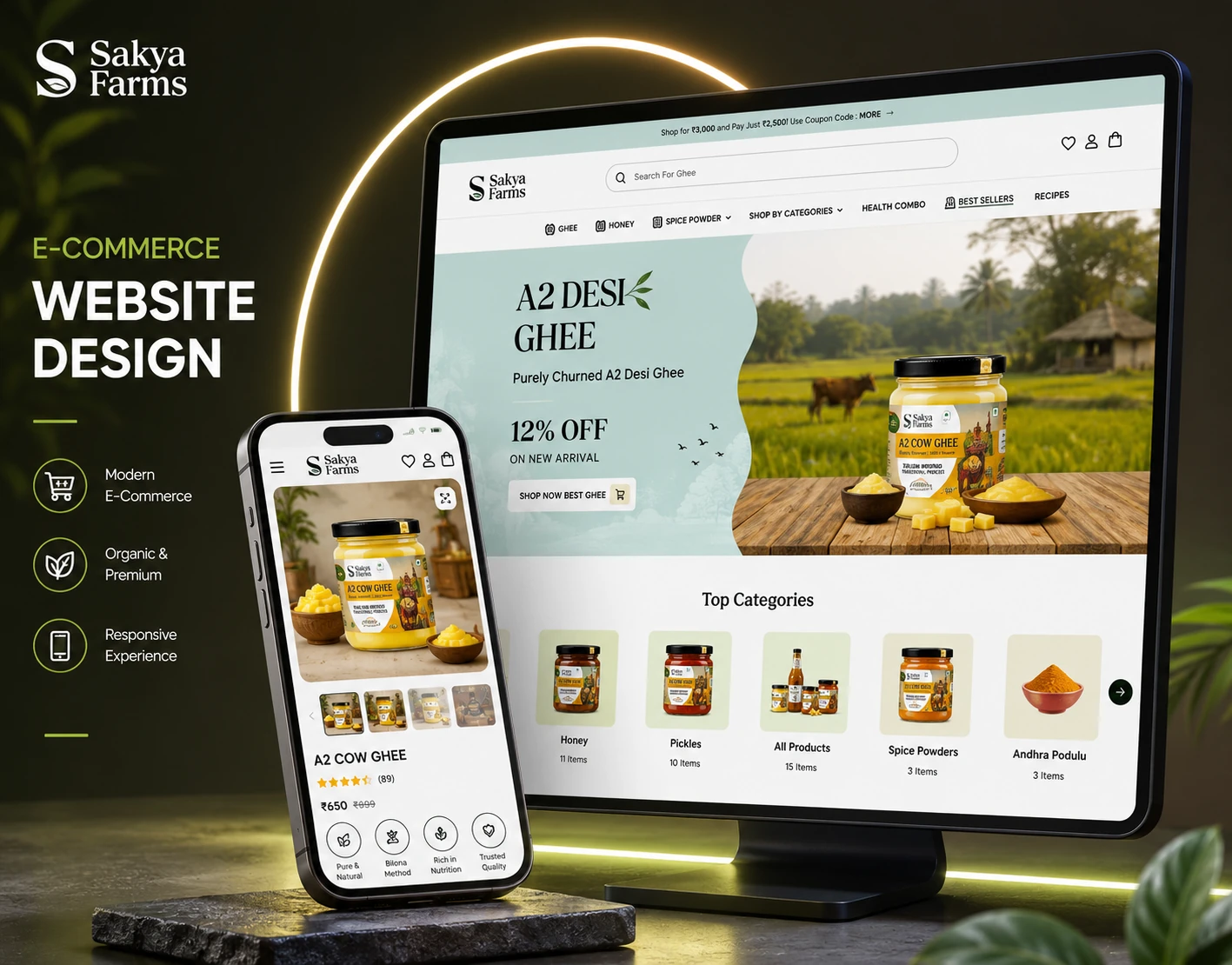 Sakya Farms Shopify store on a desktop screen and phone