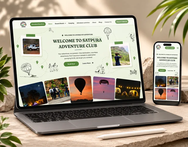 Satpura Adventure Club WordPress website on a laptop and phone